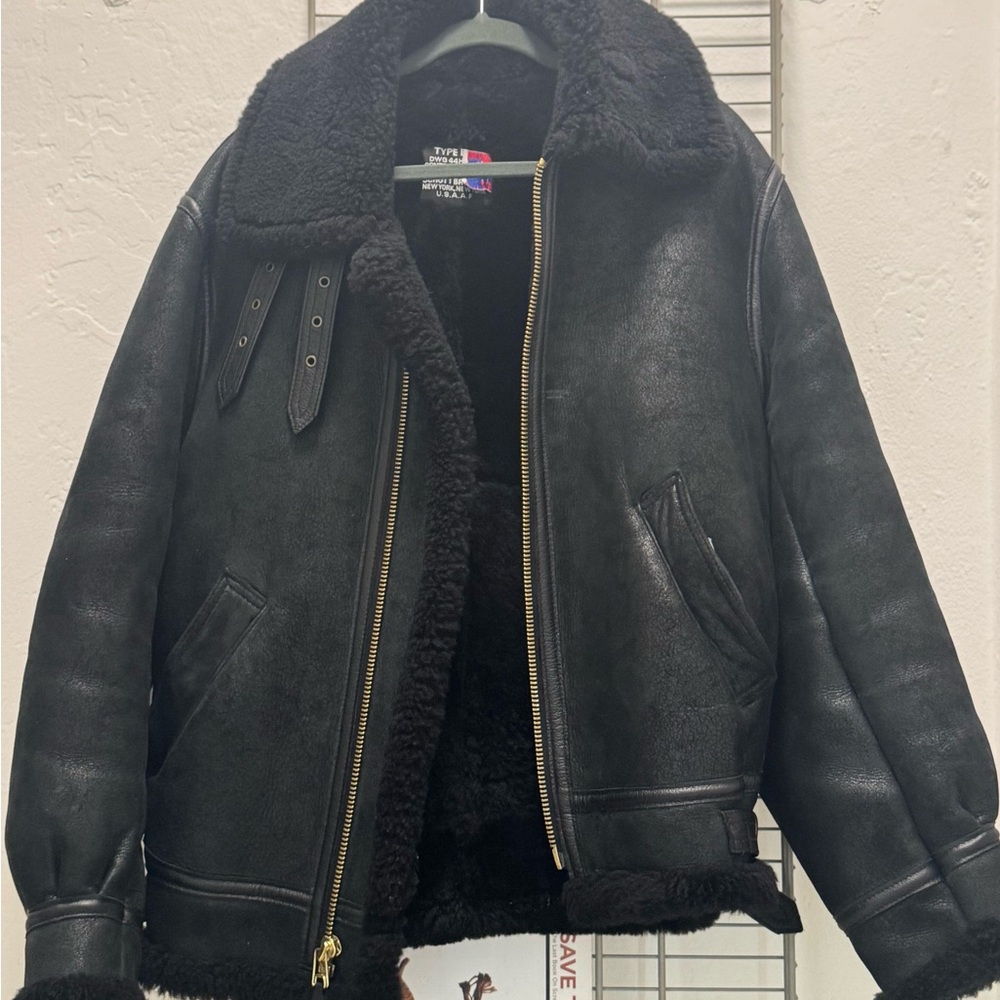 Schott NYC B-3 Shearling Leather Bomber Jacket – Black, Size 40